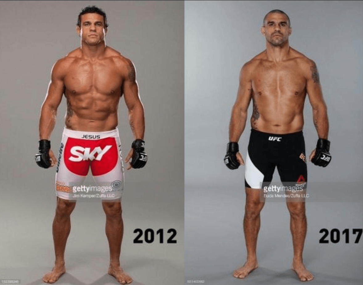 A shirtless Vitor Belfort before and after USADA drug testing.