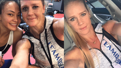 Before and after training photo of a freshly showered, former UFC bantamweight champion, Holly Holm.