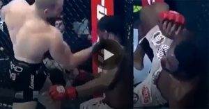 UFC welterweight champion Tyron Woodley reacts to be knocked out by former middleweight contender Nate Marquardt.