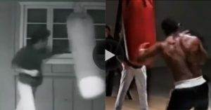 Side-by-side on the heavy bag with martial arts legend Bruce Lee and one of boxing's most scary punchers, "Iron" Mike Tyson.