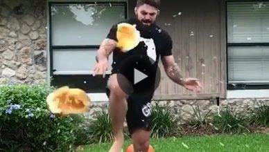 UFC welterweight star "Platinum" Mike Perry celebrates Halloween by doing some pumpkin smashing, while also sending a message to his UFC on Fox opponent.