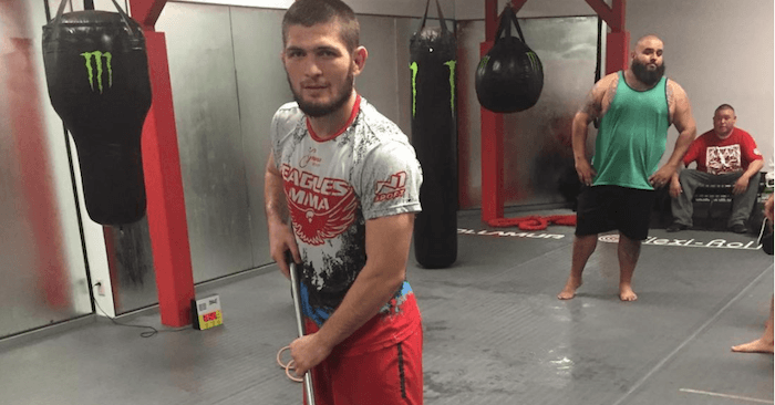 UFC lightweight contender Khabib Nurmagomedov mopping the mats.
