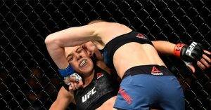 Rose Namajunas finishing Joanna Jedrzejczyk at UFC 217.