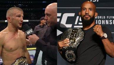 The new UFC bantamweight champion T.J. Dillashaw grabbed the mic and called out flyweight champion Demetrious Johnson after his big win at UFC 217.