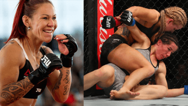 Cris Cyborg reacts to Angela Magana getting TKO'd by Amanda Cooper at UFC 218.