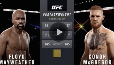 Conor McGregor vs. Floyd Mayweather in the UFC"s octagon.