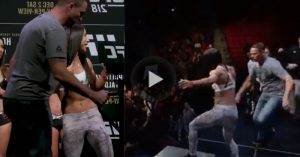 UFC star Tecia Torres nearly falls off the scale during the ceremonial weigh in.